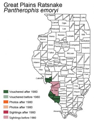 map of great plains ratsnake distribution in Illinois