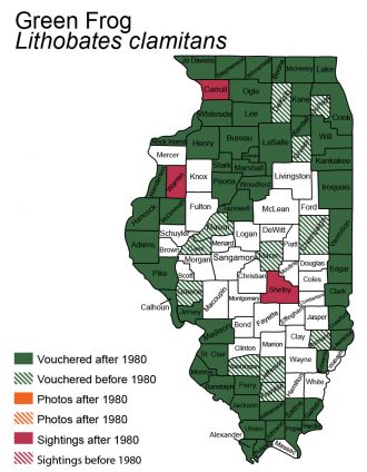 Illinois map of green frog distribution